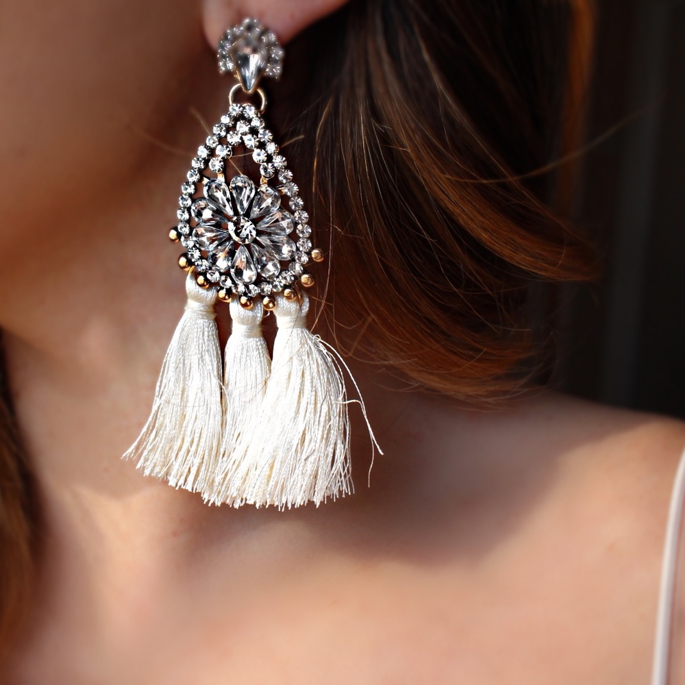 White Statement drop tassels earrings